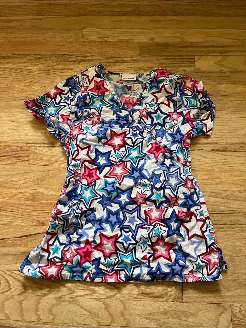 Scrubstar Women's Star Print V-Neck Scrub Top in Red, Blue, Teal, Pink, White